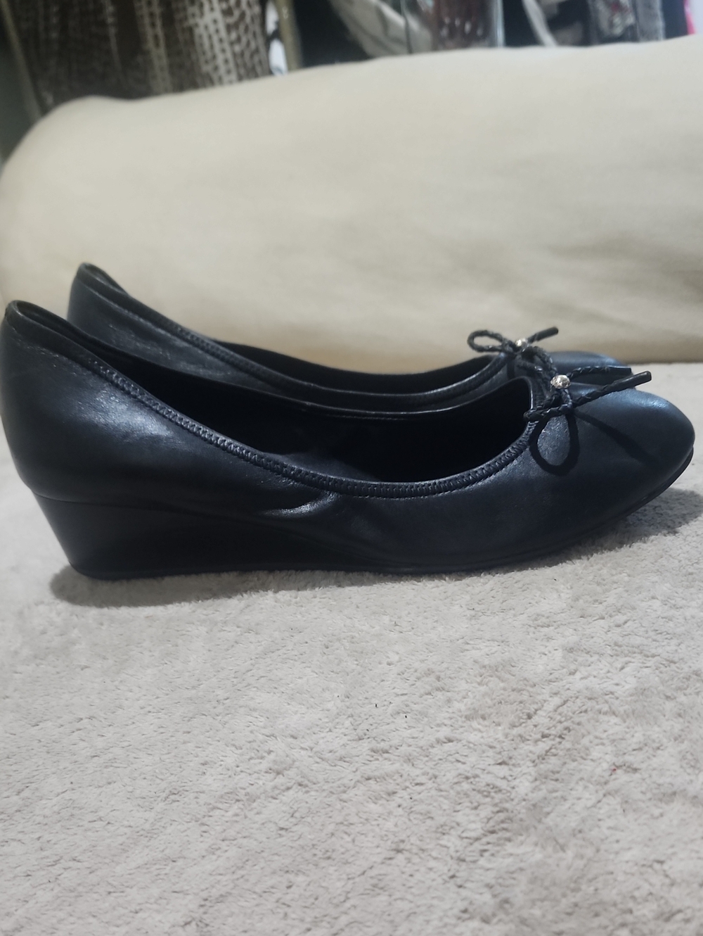 Classic Black Leather Wedge Ballet Flats with Bow